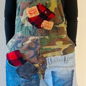 SOLD🚨Upcycled camouflage jumper with sequin, red flannel, and denim patches